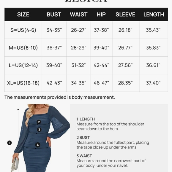 Sexy Ruched Bodycon Midi dress in blue with long Puff sleeve square neck size XL - Picture 6 of 6